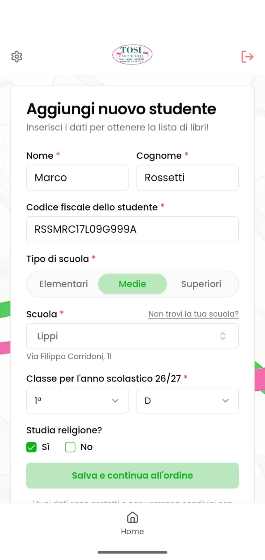 Schermata TosiScuola: form per aggiungere un nuovo studente