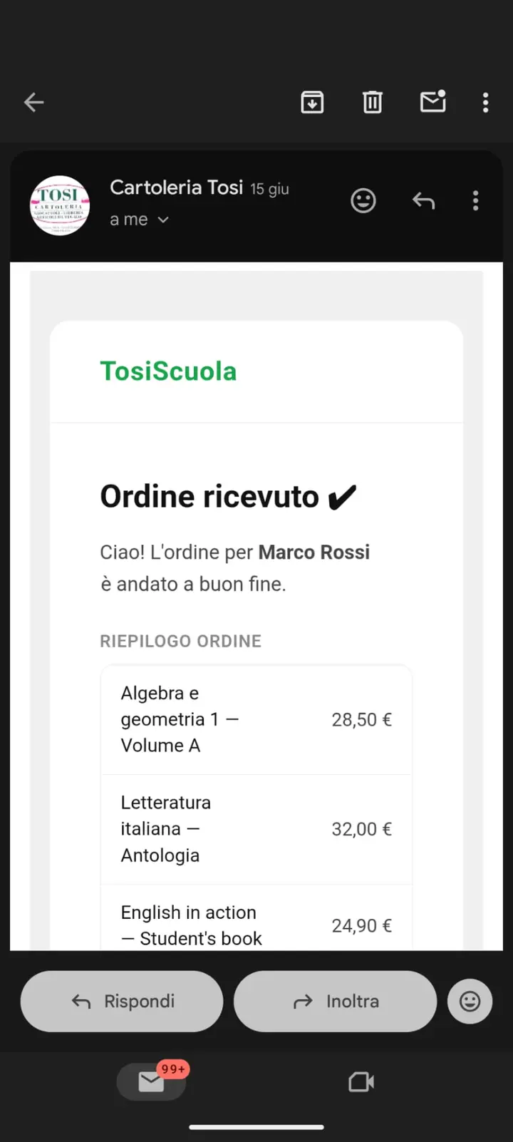 Anteprima dell'email di conferma ritiro