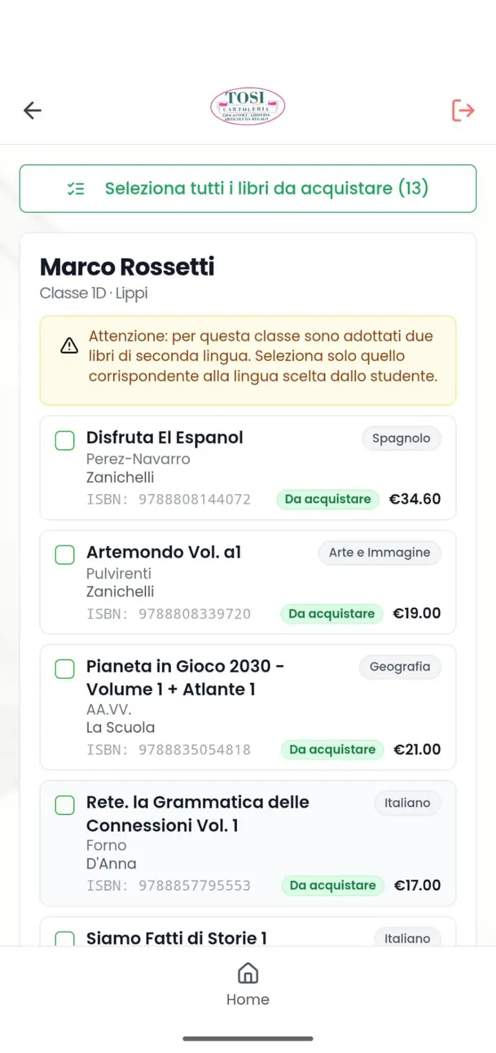 Schermata TosiScuola: lista dei libri adottati pronta da selezionare