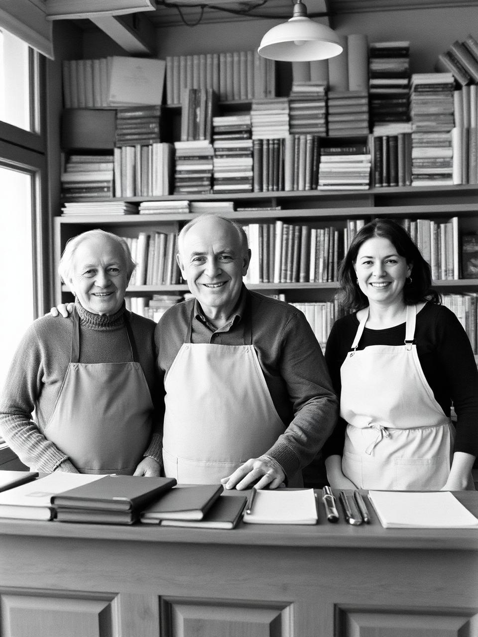 Ritratto in bianco e nero di tre generazioni della famiglia Tosi nel negozio